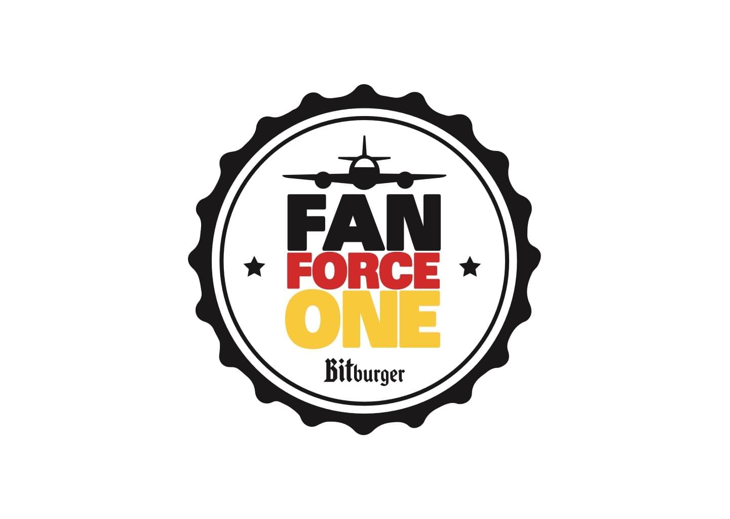 The keyvisual shows a stylized plane and the words FAN FORCE ONE representing the national colours of the German flag.