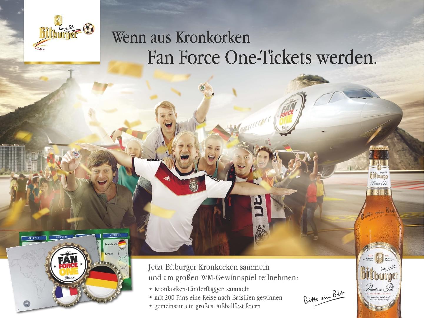 The print ad shows German football fans celebrating in front of the FAN FORCE ONE branded aircraft that says 'Wenn aus Kronkoren Fan Force One-Tickets werden.'