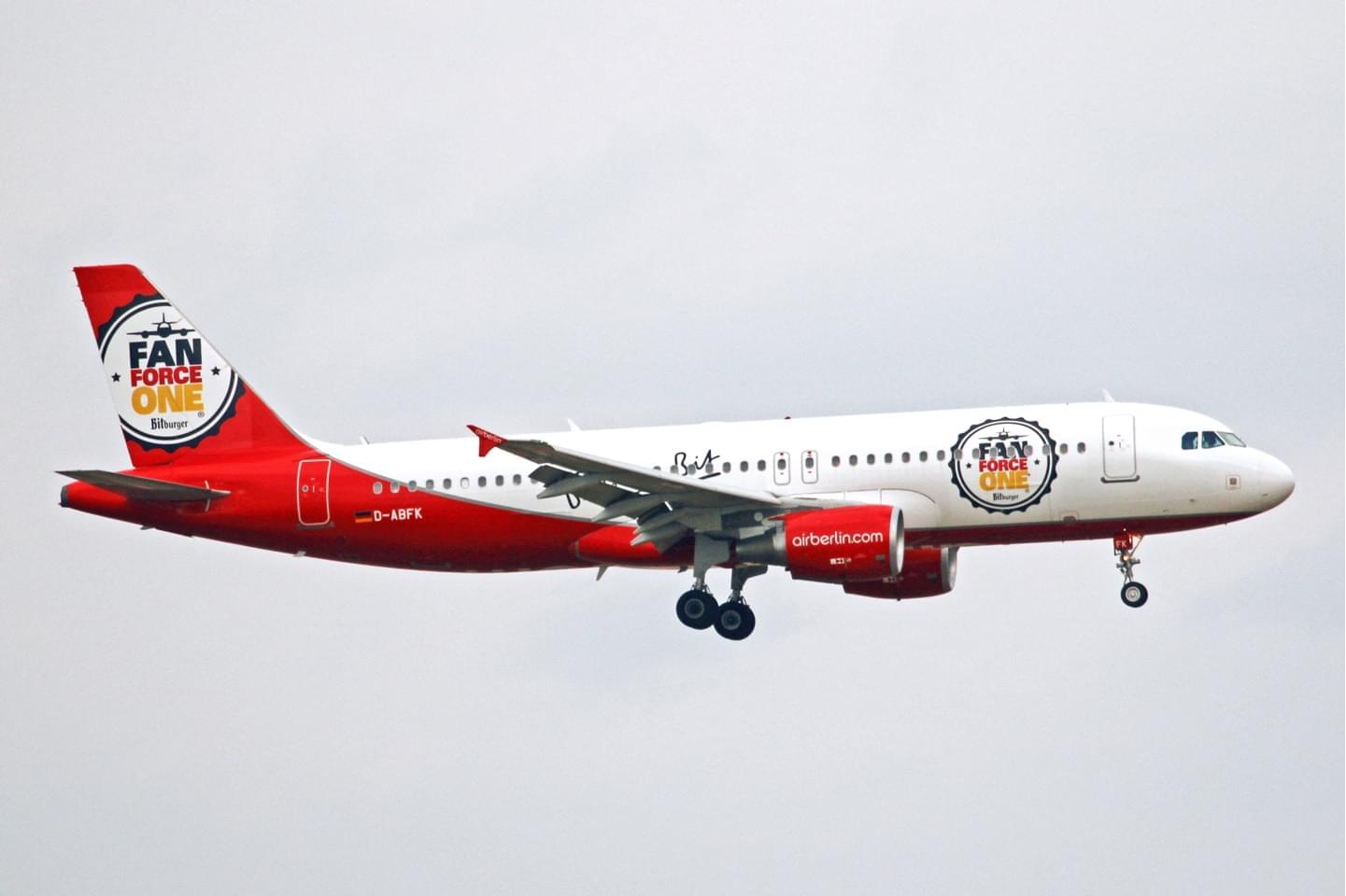 The FAN FORCE ONE Air Berlin plane after take off.
