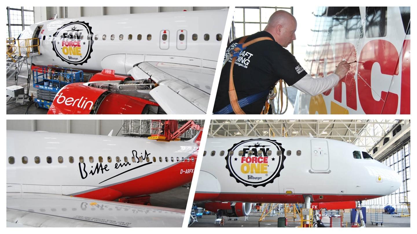 Four pictures collage that shows 'Behind the scenes' covering the plane with FAN FORCE ONE branding