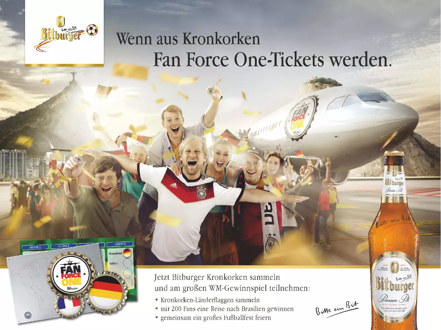 The print ad shows German football fans celebrating in front of the FAN FORCE ONE branded aircraft that says