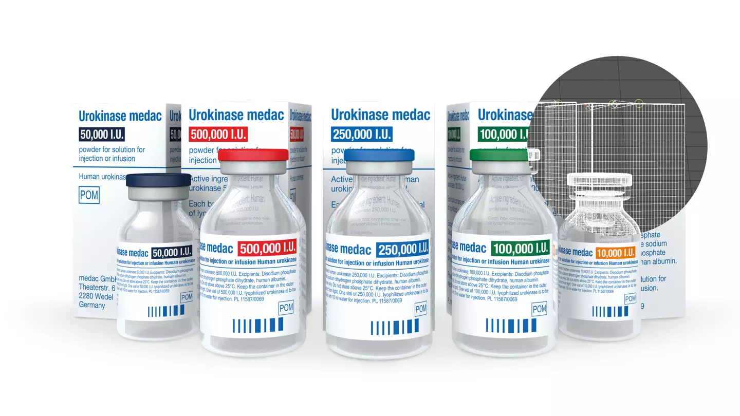 The 3D rendering shows Urokinase packshots and vials in five different strengths.