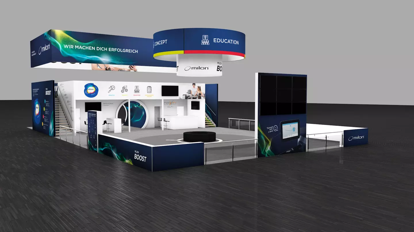 3D rendering of the milon FIBO booth - medium shot back left