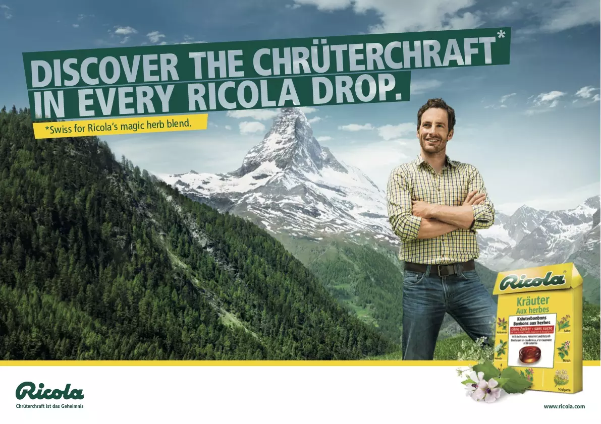 Ricola Chrüterchraft print ad featuring a young herb farmer in front of the Matterhorn panorama that says 