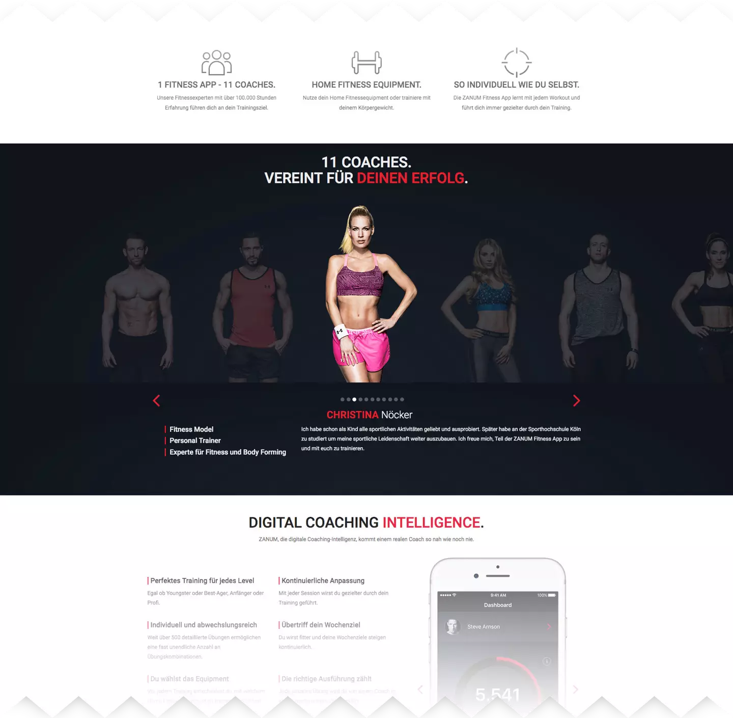 ZANUM website overview showing the personal coaches available in the app.