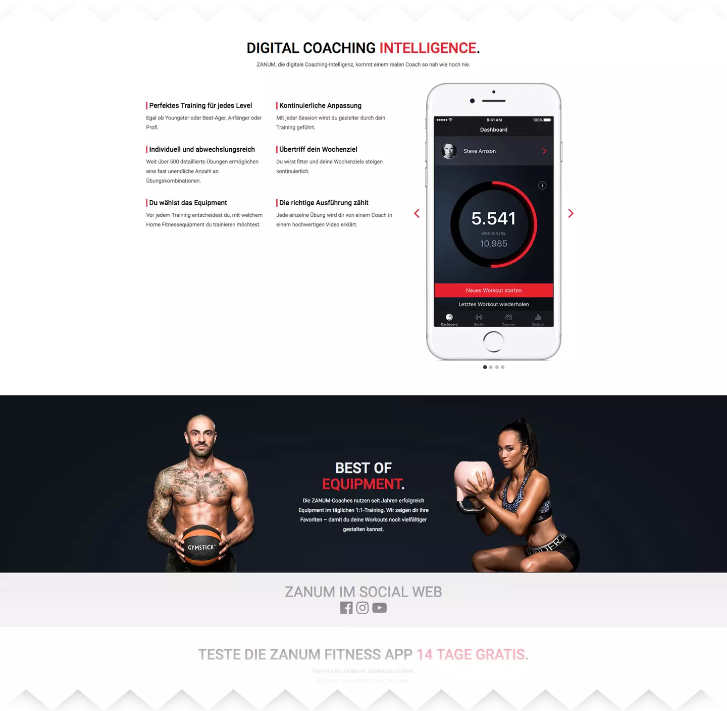 ZANUM website feature section about digital coaching intelligence and equipment-free training.