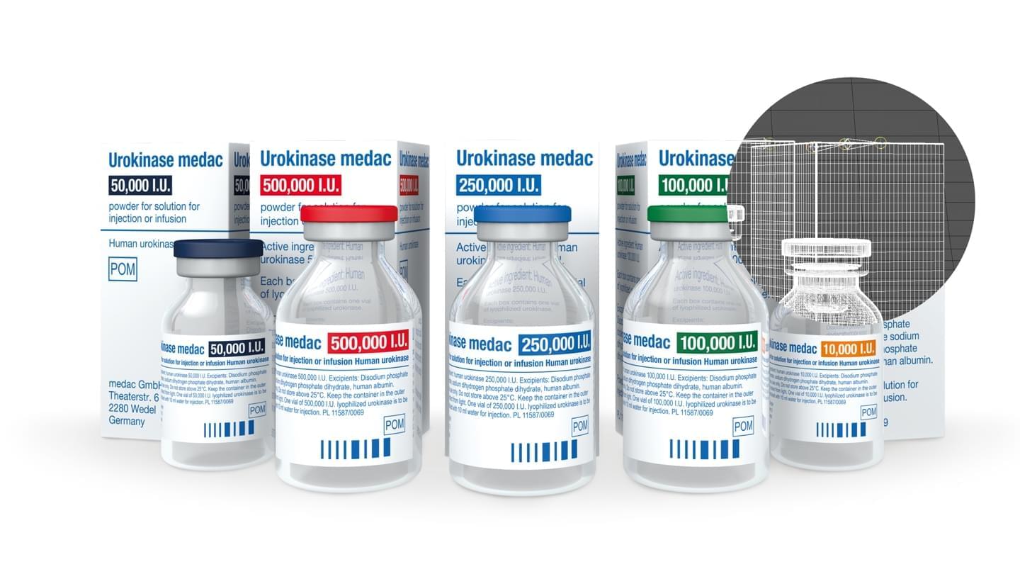 The 3D rendering shows Urokinase packshots and vials in five different strengths.