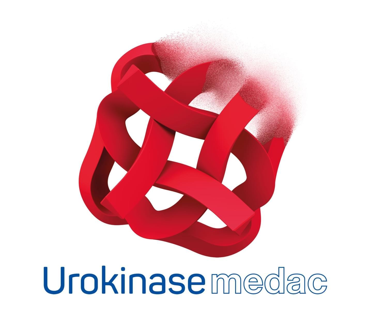 The rendering shows the Urokinase medac keyvisual: a stylized dissolving blood cloth with woven structure.